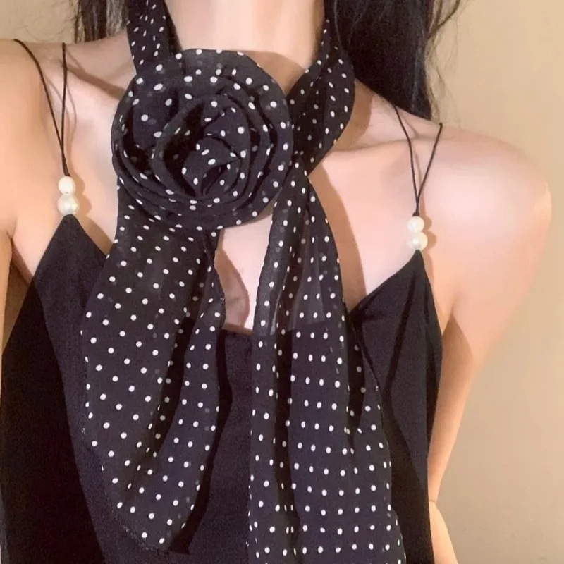 

Корейский элегантный длинный шарф в горошек с цветком розы, мягкий черный цвет, шифоновый шейный платок, воротник, женское украшение на шею