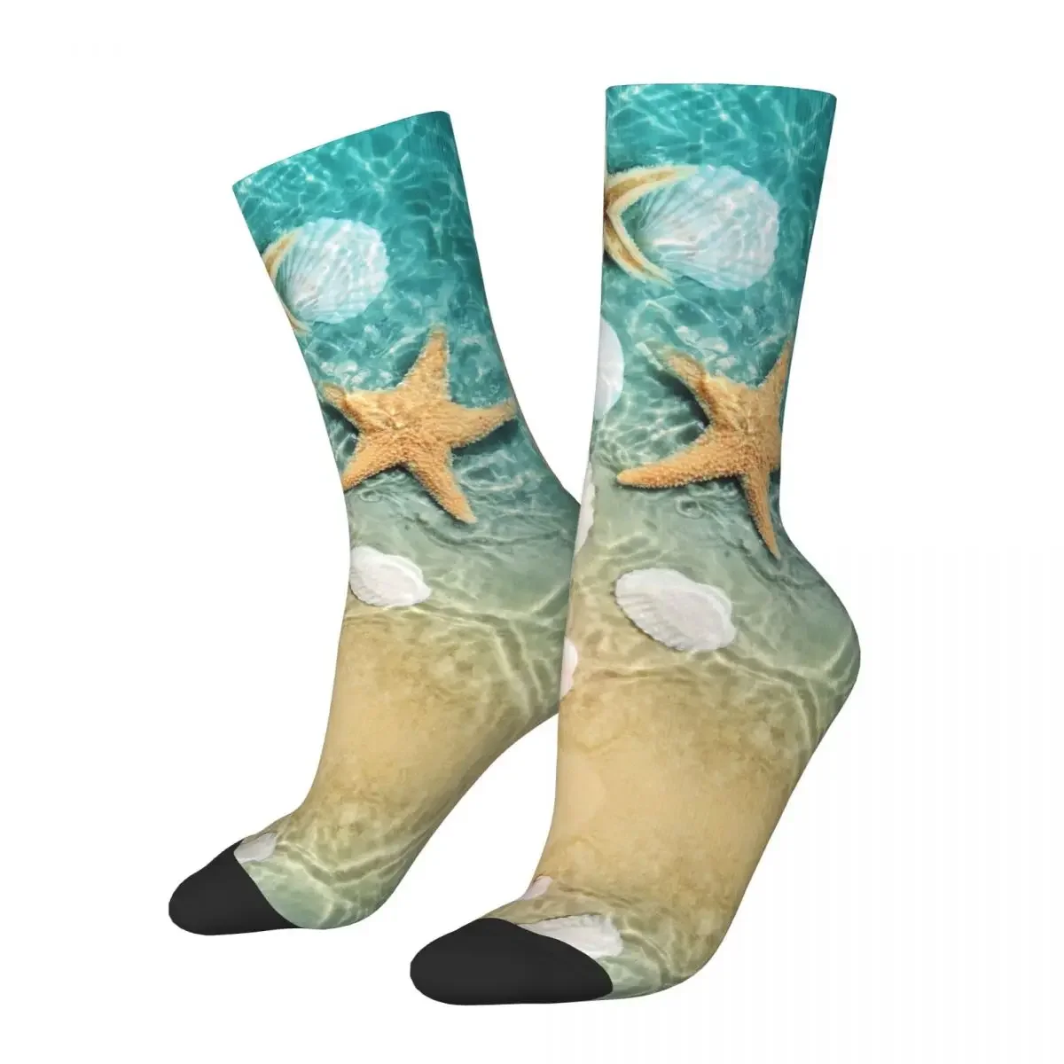 Casual Men Socks Starfish And Seashell On The Beach Merch Warm Summer Sea Graphic Stockings All Seasons Best Gift Idea