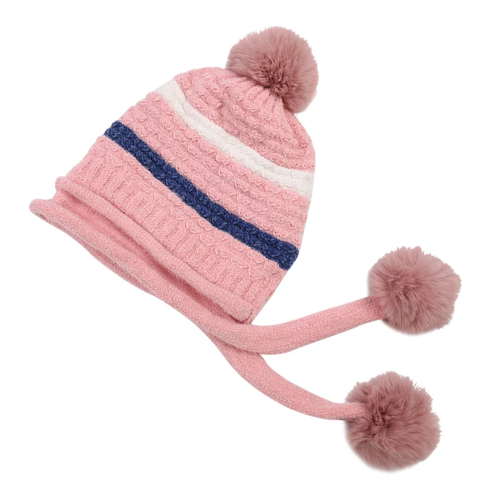 

Women Wool Knitted Hat Pink Warm Ski Hat Hair Ball Design Winter Headgear Outdoor Hiking Snowboarding Ear Protection
