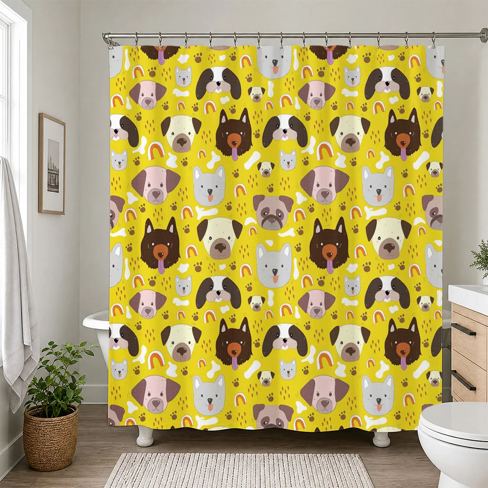 Adorable Cartoon Dog Face Pattern Shower Curtain Yellow Waterproof Shower Screen Bathroom Home Decor Novelty Animal Print Design