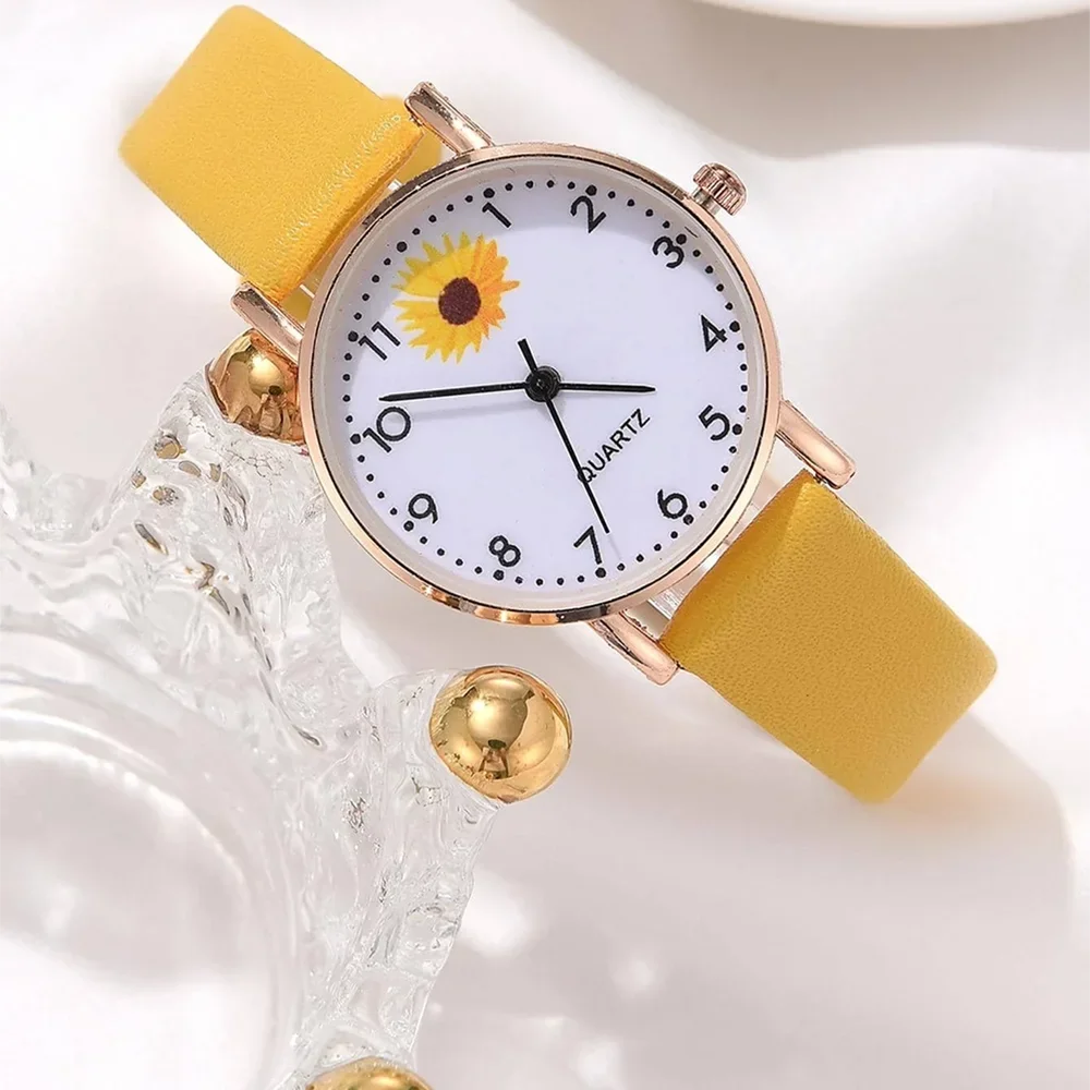 1pc Women Yellow PU Polyurethane Strap Fashionable Round Dial Quartz Watch And 5pcs Jewelry Set For Daily Life