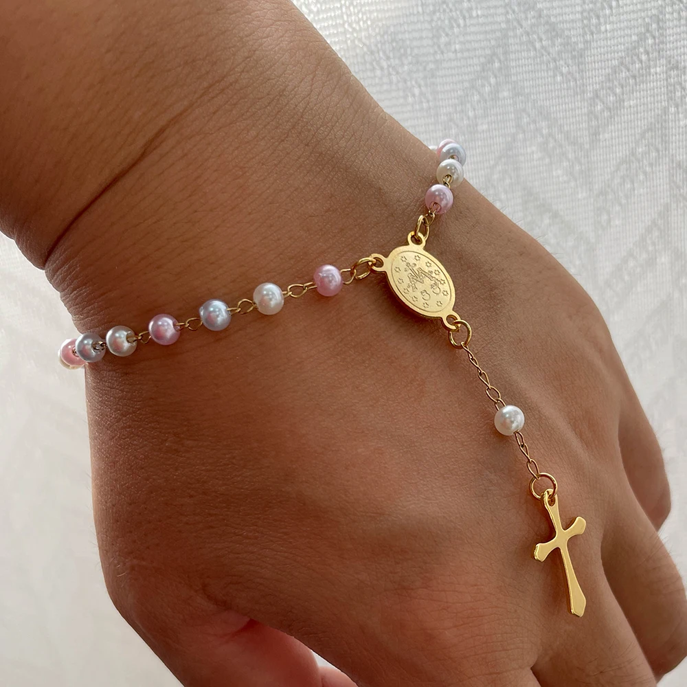 لطيف سوار الوردية للنساء مجوهرات الزفاف 4 مللي متر تقليد حبات اللؤلؤ مادونا الفولاذ المقاوم للصدأ الذهب اللون الصليب المعمودية هدية