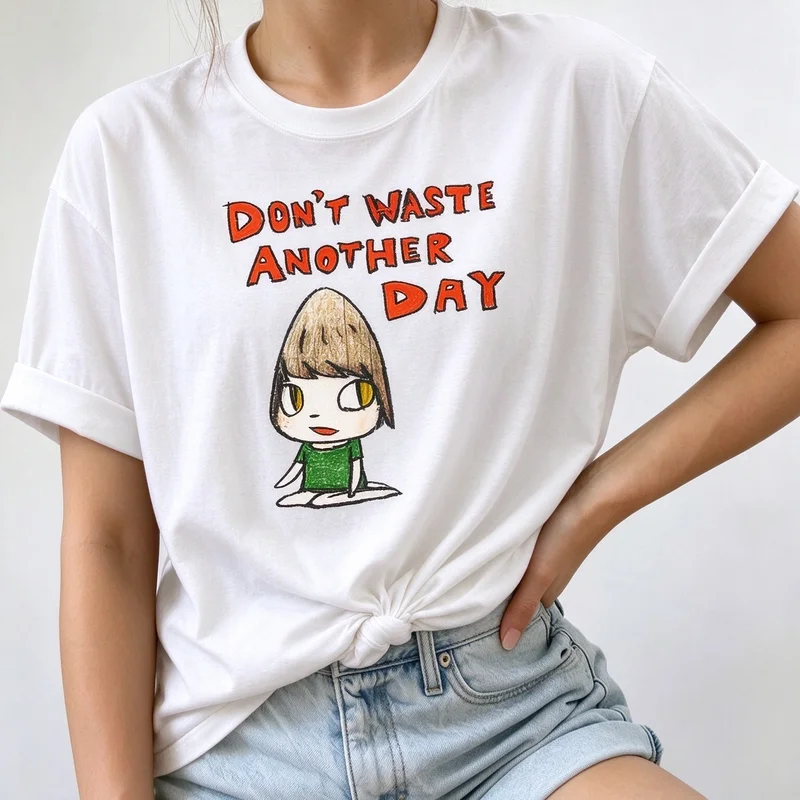Intage Yoshitomo Nara Graphic T‑Shirt Women Don't Waste Another Day O‑Neck Short Sleeve Cotton Tee Casual Street Female Tops