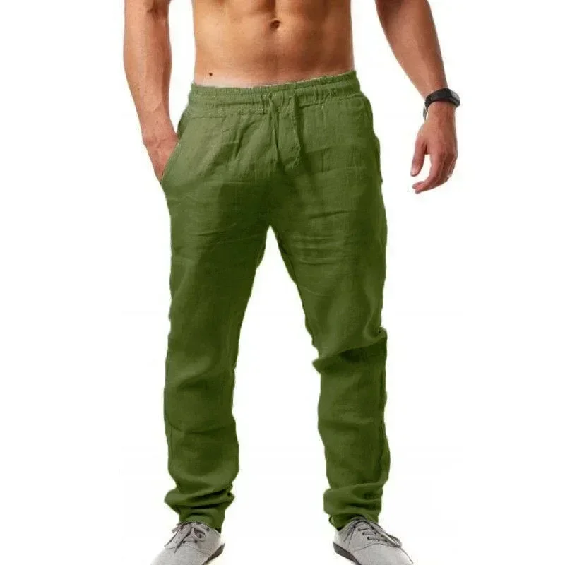 Sportbroek nieuw lente/zomer modemerk heren hiphop ademend katoen linnen effen kleur eenvoudige broek met wijde pijpen en trekkoord