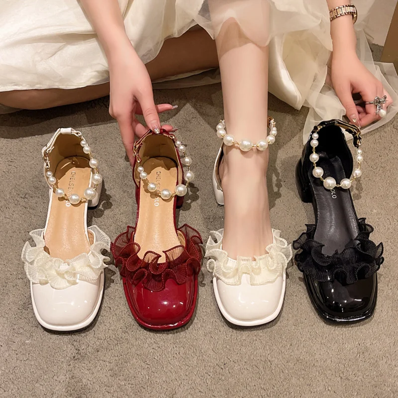 

Low Sandals Woman Leather Shoes Closed Toe Summer Heels Mary Jane Suit Female Beige Low-heeled Pearl Girls Retro Wedding 2023 Co