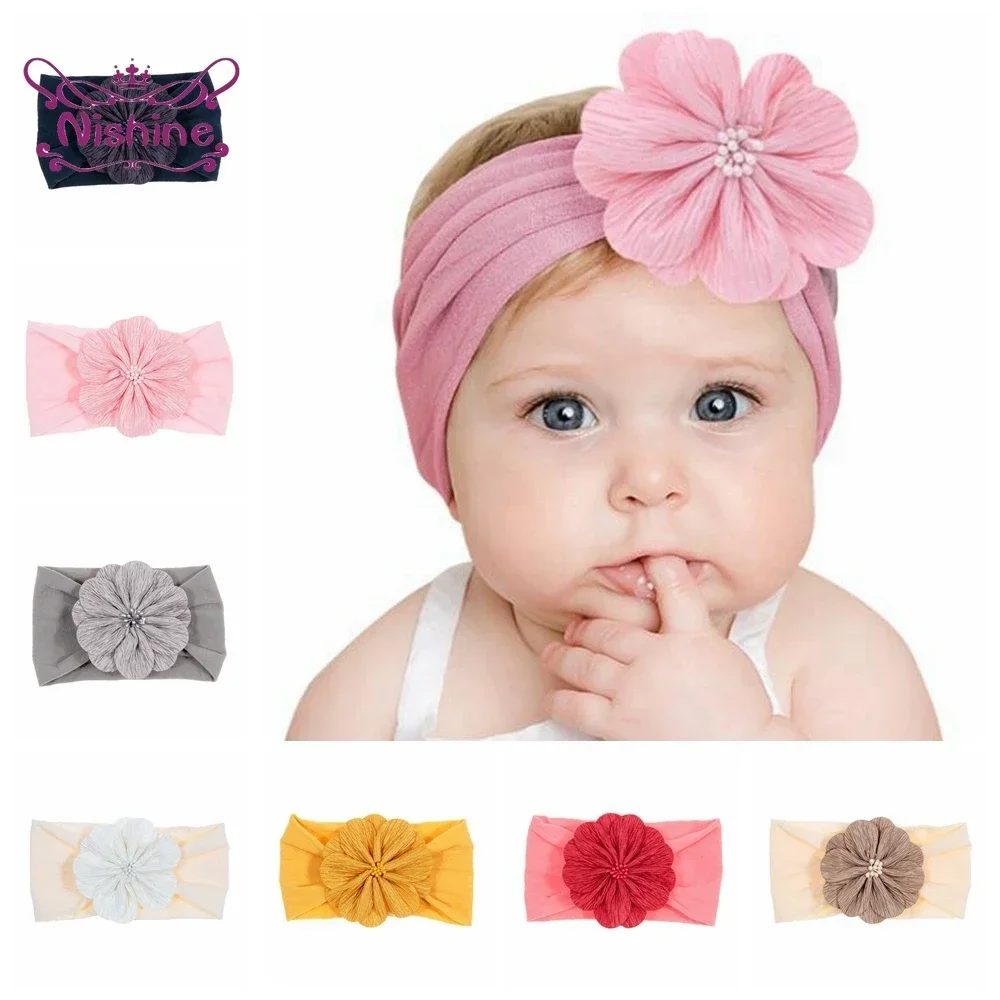 1PCS Baby Girls Fabric Flower with Stamen Nylon Headband Knot Elastic Newborn Toddler Turban Headwraps Kids Hair Accessories