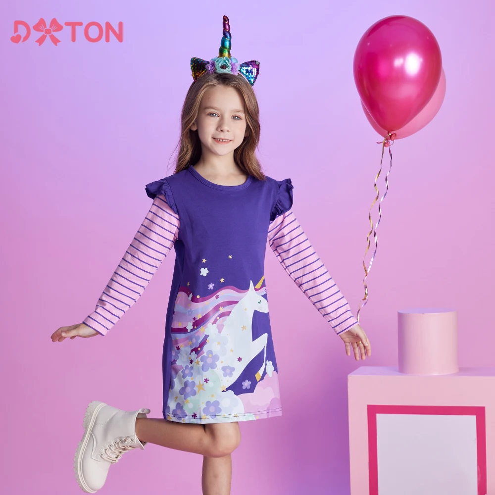 

DXTON 2024 Зимние Повседневные платья для девочек платье для малышей с рисунком единорога хлопковая Детская одежда детское платье в полоску с цветочным рисунком Vestidos
