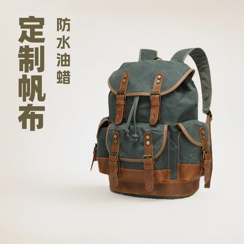 Custom Oil Wax Canvas Backpack Leisure Travel Hiking Genuine Leather Patchwork Simple Texture Waterproof For Teenagers Bag