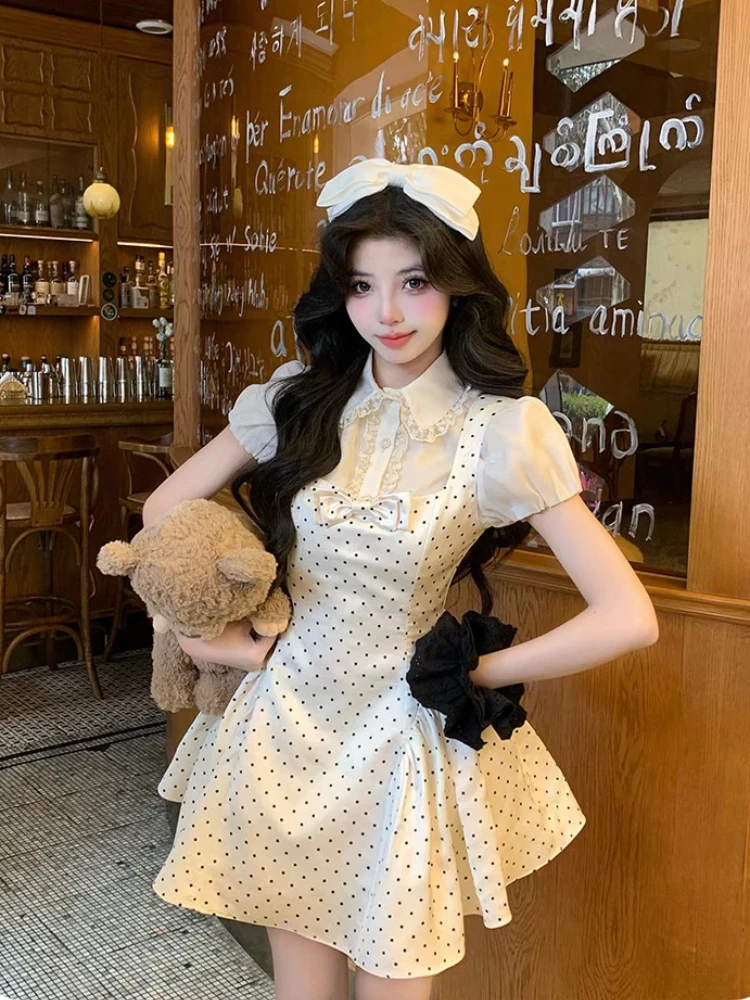 

Sweet Polka Dot 2 Piece Set Women Cute Bow Puff Sleeve Blouse Mini Dress Japanese Kawaii Vintage Party Cute Summer Outfit 2026