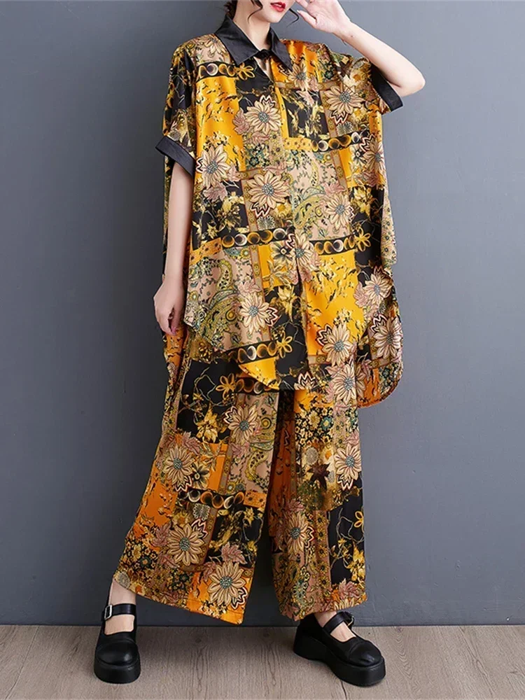 

XITAO Print Pattern Two Piece Set Single Breast Half Sleeve Top Elastic Waist Ankle Length Pants 2025 Summer Style WLD11385