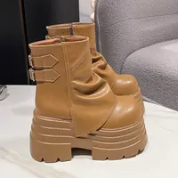 Women High Platform Ankle Boots Autumn Winter Gothic Style Leather Shoes Buckle Punk Motorcycle Boots Round Toe Chunky Sneakers