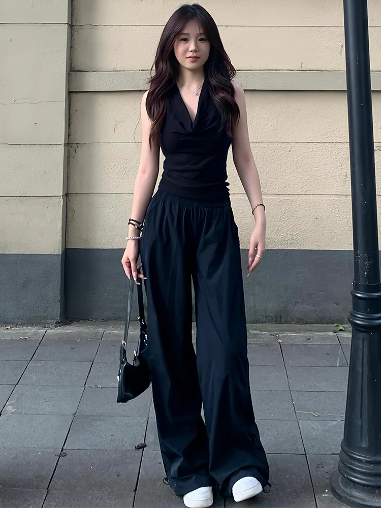 블루 하이웨이스트 스트레이트 레그 워크웨어 팬츠 여성 여름 얇은 퀵 드라이 스포츠 바지 아메리칸 레트로 슬리밍 플로어-...