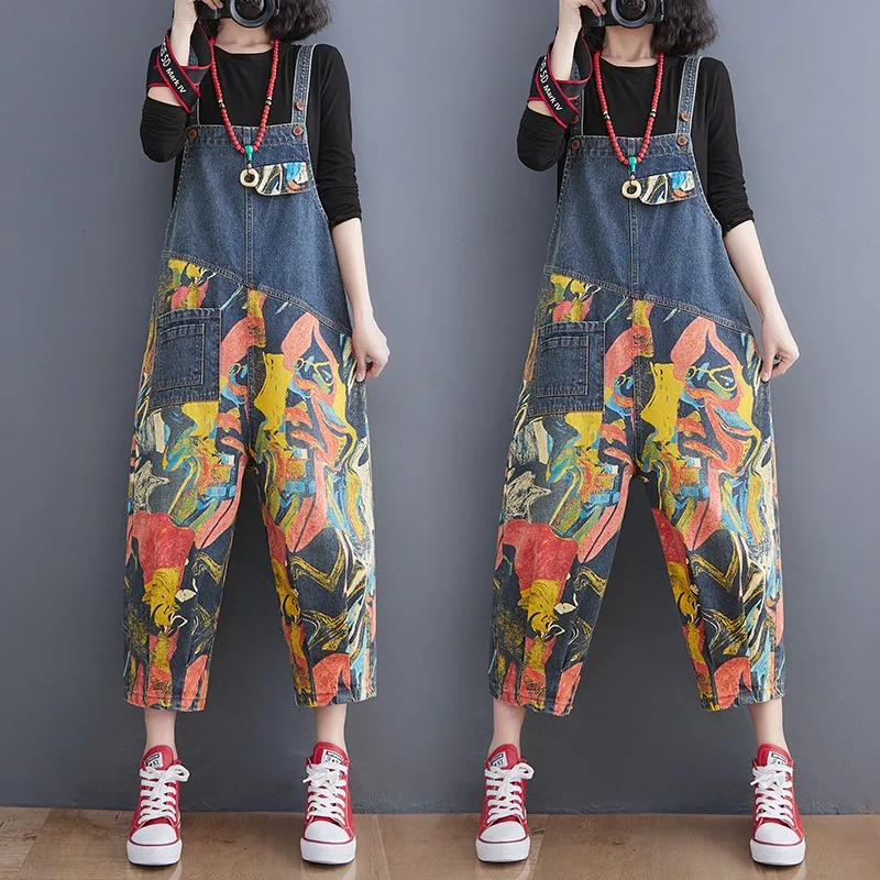 

Джинсовые комбинезоны больших размеров, женские летние свободные брюки для похудения с винтажным принтом в стиле пэчворк, повседневные брюки Харлан