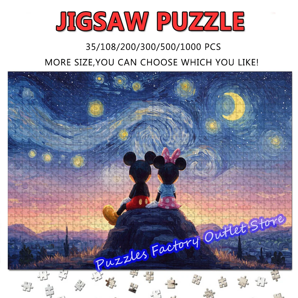 

Disney Mickey and Minnie Starry Night Print Puzzle Diy Assembly 108/200/300/500/1000 Pieces Jigsaw Puzzles Decompress Toys Gifts