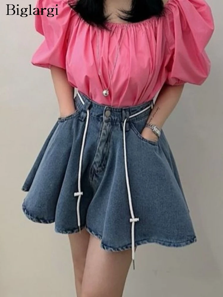 

Jeans Summer Mini Denim Shorts Women Ruffle Pleated Fashion High Waist Ladies Trousers Loose Korean Style Woman Shorts Skirts