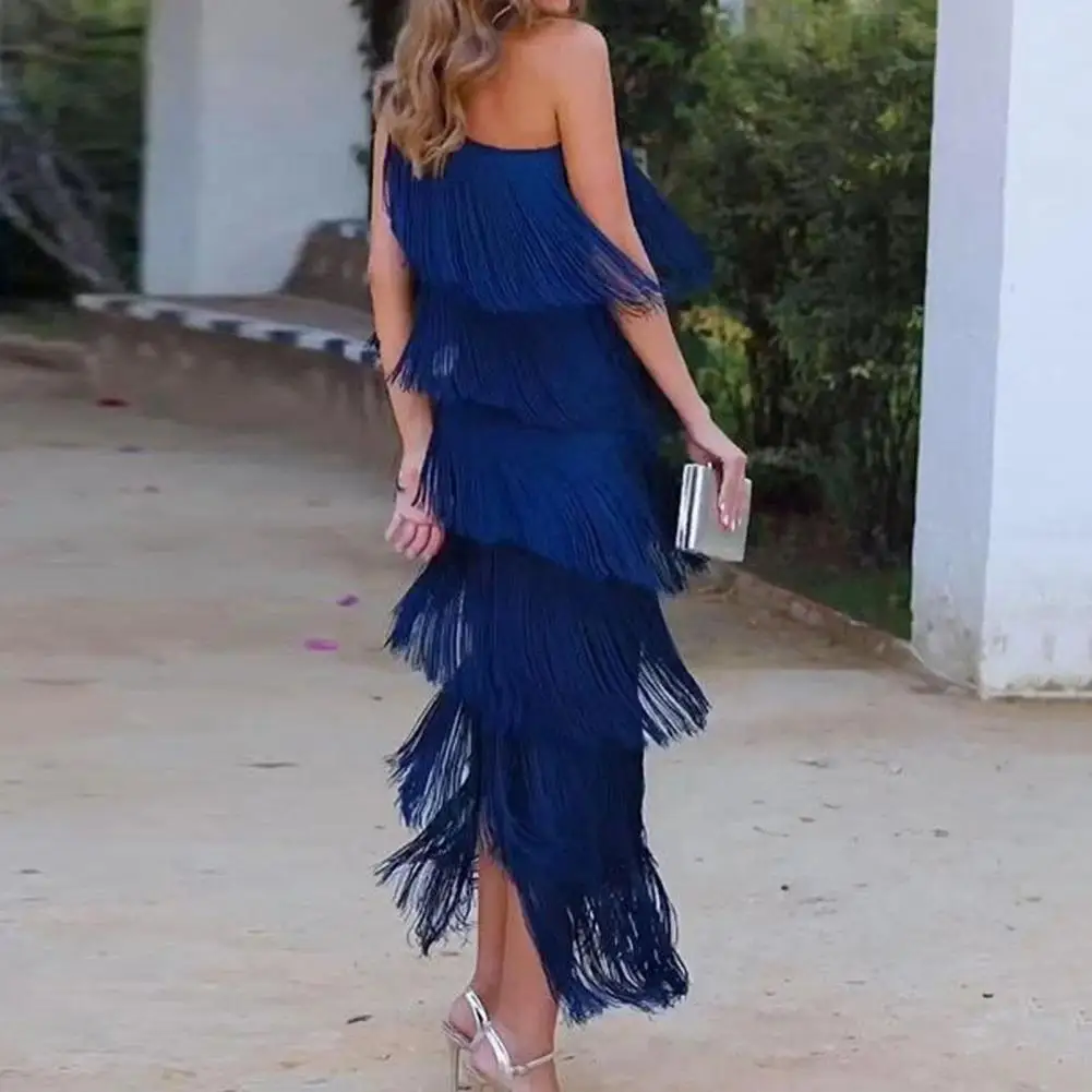 Women Dress Elegant Fringed Tassel Evening Dress for Women One Shoulder Maxi Dress for Cocktail Party Prom Dance Asymmetric