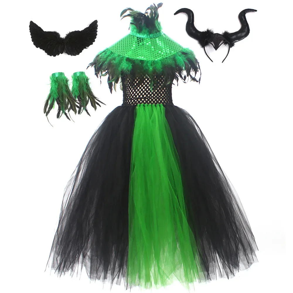 

Fairytale Green Witch Dress with Hat Broom Glamour Halloween Fancy Gown Tutu Robe Costume Gothic Girls Cosplay Clothing