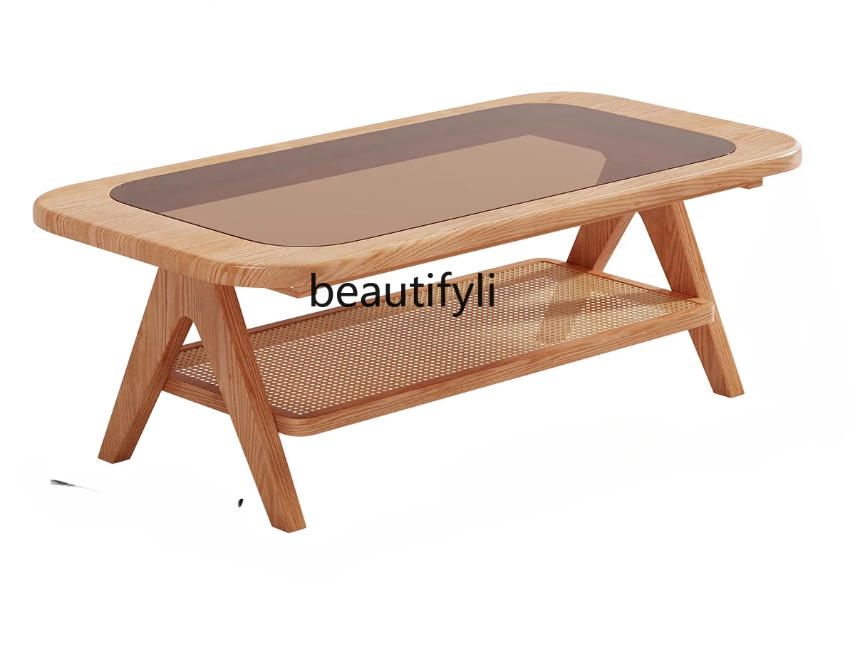 

Solid wood coffee table living room home, new high-end small apartment table glass Japanese minimalist tea table