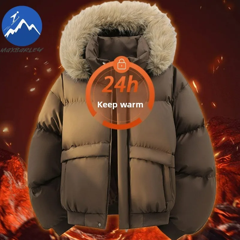 Luxury Mens Padded Jacket Comfort Hiking Travel Thickened Warm PU Coats Premium Detachable Fur Collar Hood Winter Cotton Coat