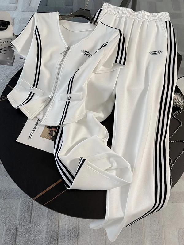 

American Casual Sportswear Set Women Summer High End White Slim Fit Short Sleeve Top Wide Leg Pants Two Piece Set