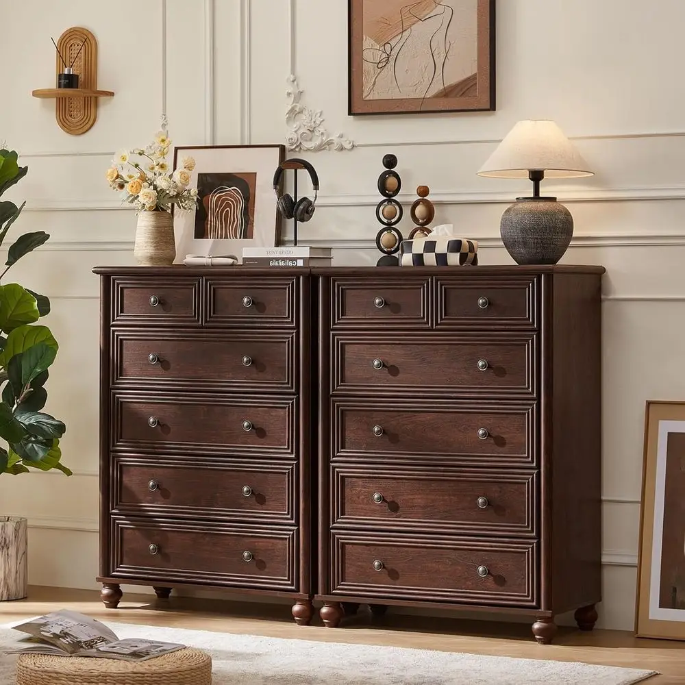 

43.5 Tall Walnut Kids Drawer Set with Column and Metal Handles for Bedroom, Living Room, and Hallway Storage