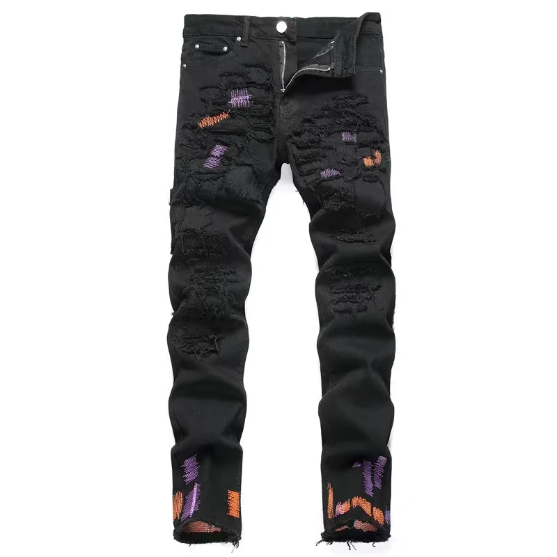 

EH·MD® Handmade Embroidered Jeans Men Worn Out Scratched Double Layer Inner Zipper Decoration Soft Slim Fit Cotton Elastic Pants