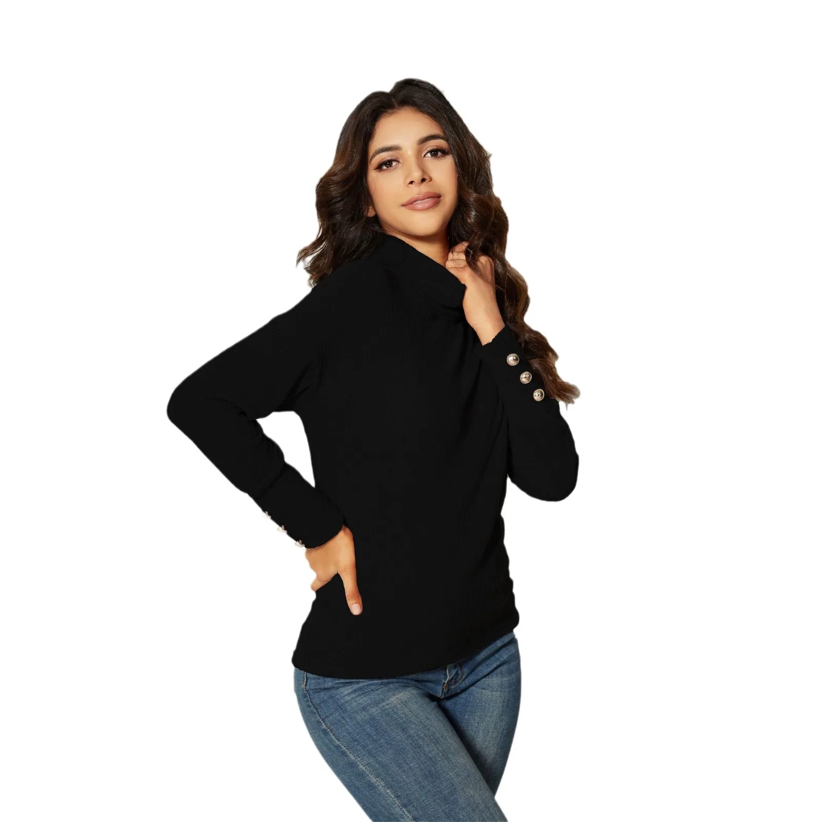 Ele عالية الياقة محبوك سترة طويلة Sve المرأة تي شيرت ربيع الخريف عبر الحدود Faion الصوف مزيج اليد الكروشيه #5