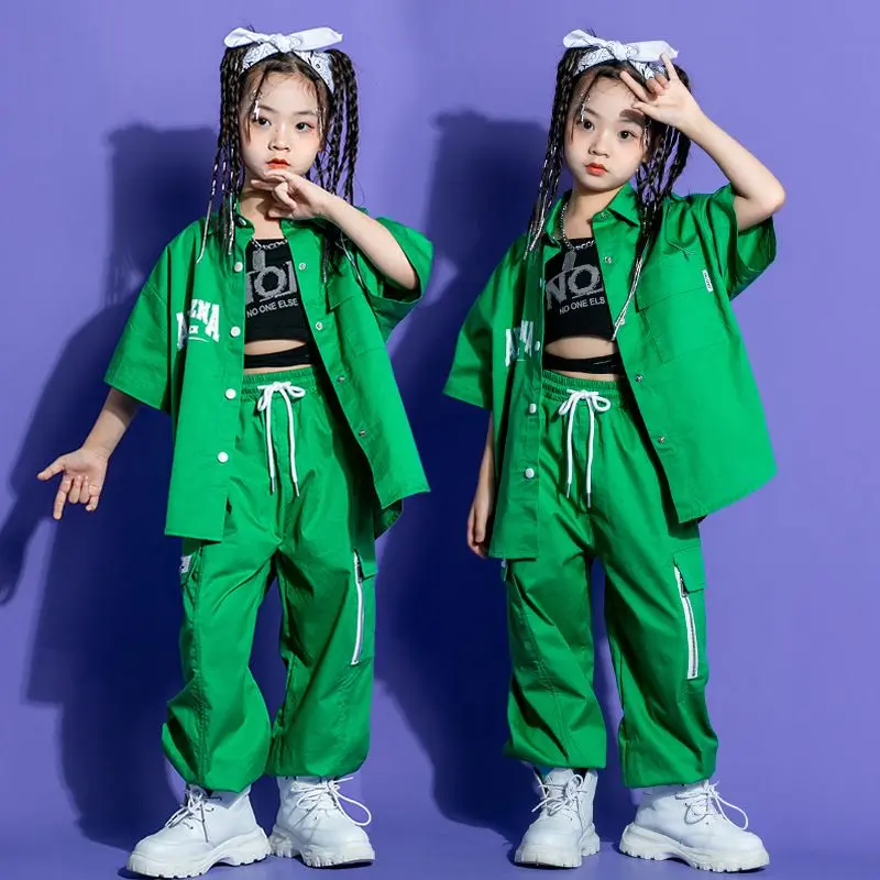 2026 Boys Street Dance Letters Shirt Cargo Pants Girls Hip Hop Cool Blouse Clothes Sets Joggers Kids Jazz Outfits Costumes