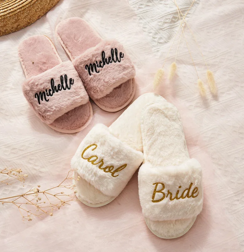 Personalized Gift Fluffy Slippers, Fluffy Bride Custom Bridesmaid Slippers, Bachelorette Party, Bridesmaid Gifts Proposal