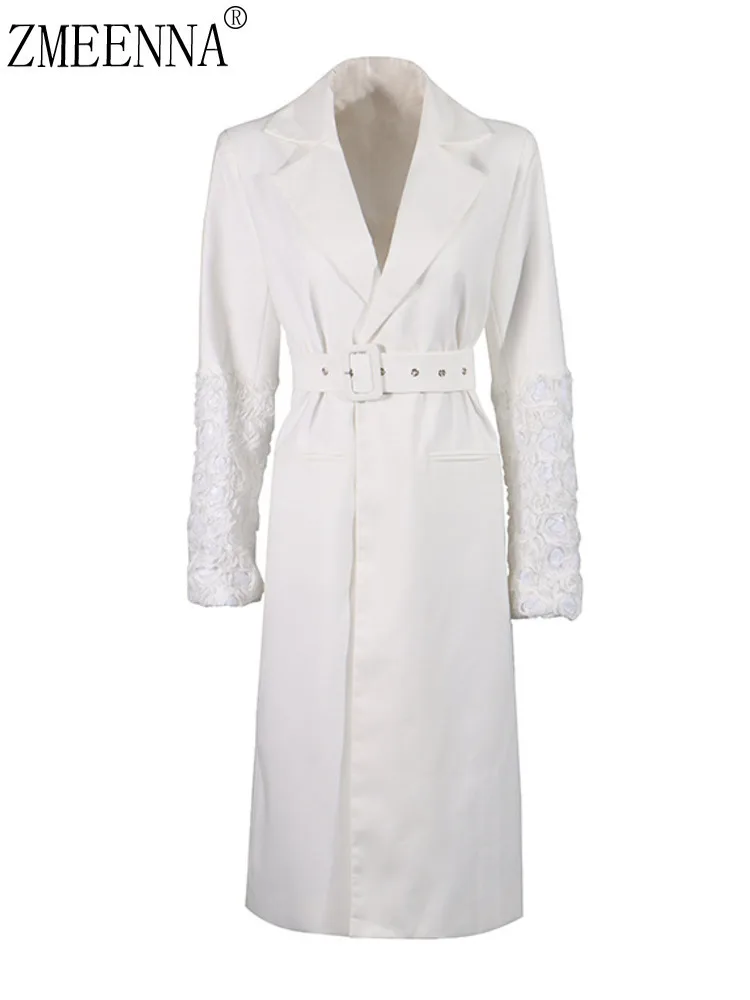 

ZMEENNA Women's White Trench Coat With Belt Notched Lapel Embroidered Sleeves Formal Long Jacket Lightweight Outerwear ZM3942