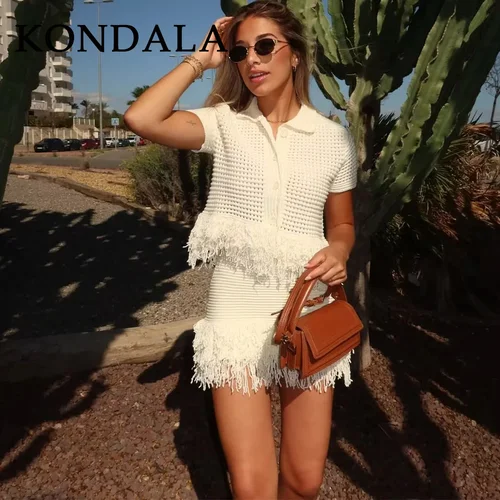 KONDALA 2025 Otoño Invierno elegante tejido borla sólido traje de mujer elegante cuello vuelto camisa calada Mini falda elástica Wasit