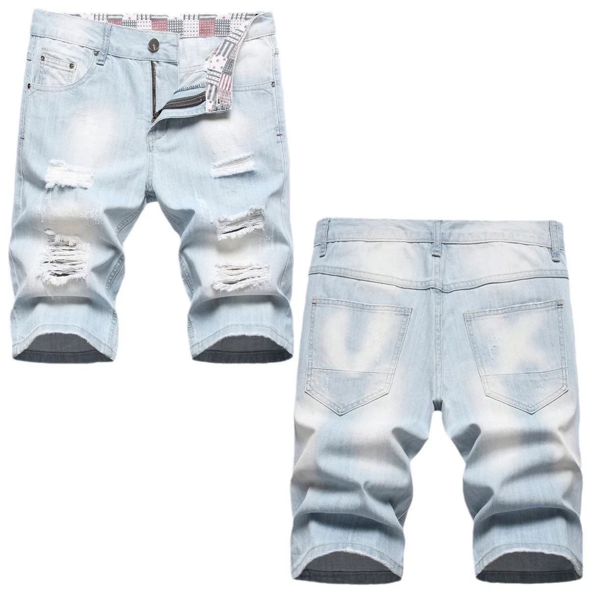 Ripped Holes Denim Shorts Men's Summer Distressed Denim Shorts Stylish Button Fly Multi-pocket Design Slim Fit for Youthful