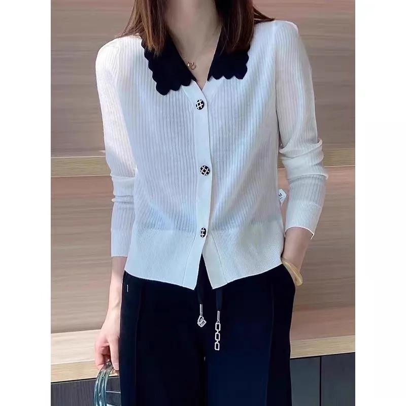 Women Clothing Solid Knitwear Spring Daily Casual Commuting Simple V-neck Fashion Short Sweaters Chic Button Cardigan Tops