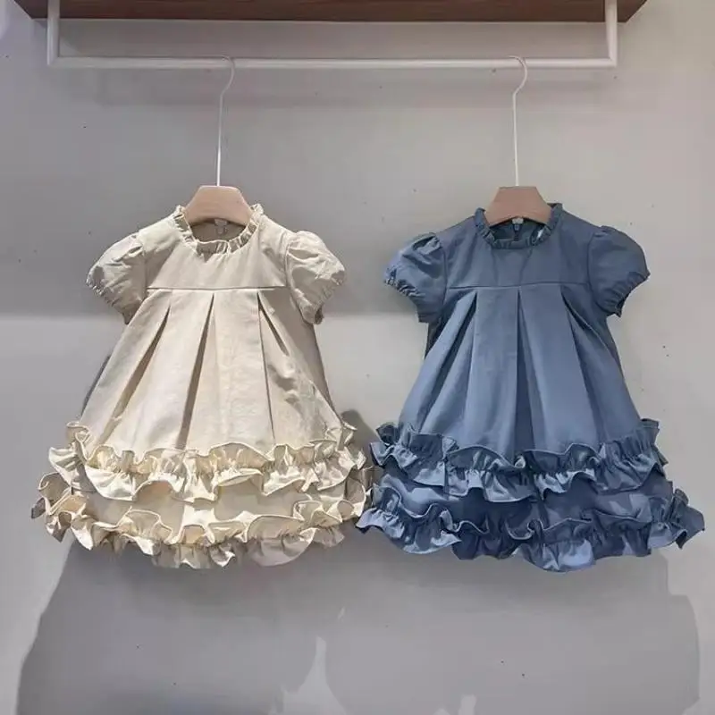 

2025 Summer New Girls Lace Collar Ruffle Dress Solid Children Puff Sleeve Dress Cotton Baby Girl Sweet Cute Dress Kids Clothes