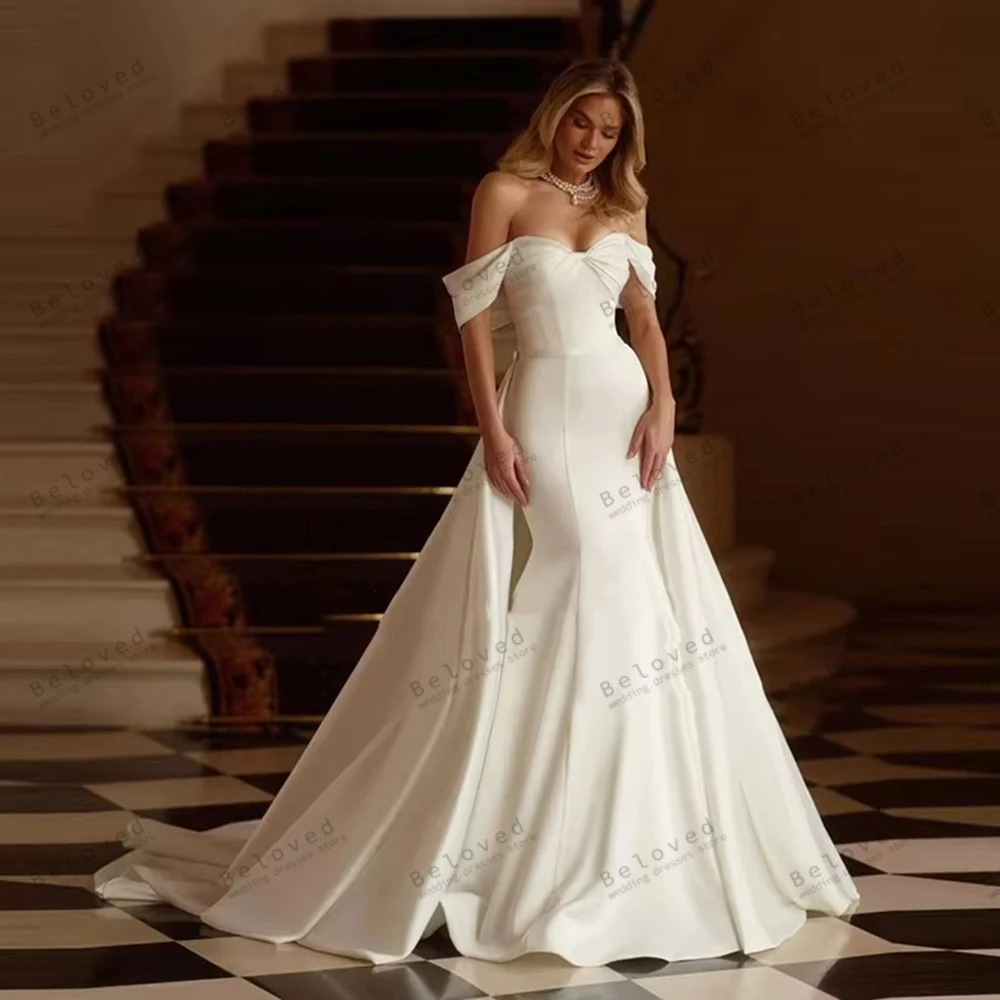 فساتين زفاف رشيقة من الساتان زي العرائس قبالة الكتف الجلباب ذيل قابل للانفصال براقة Vestidos De Novia مخصص 2026 #1