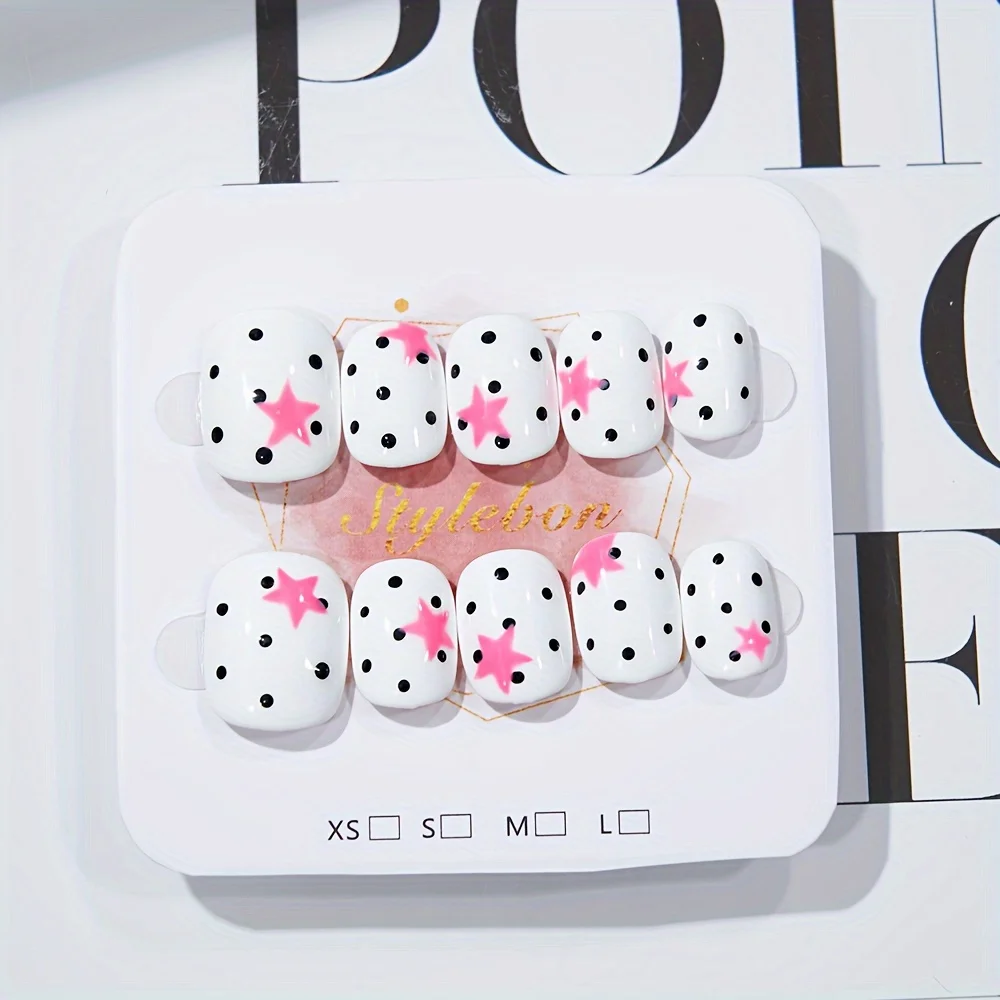

10pcs Handmade Press on Nails Milky White Five-Pointed Star Polka Dot Full Coverage Nail for Women&Girl Removable Wearable Nail