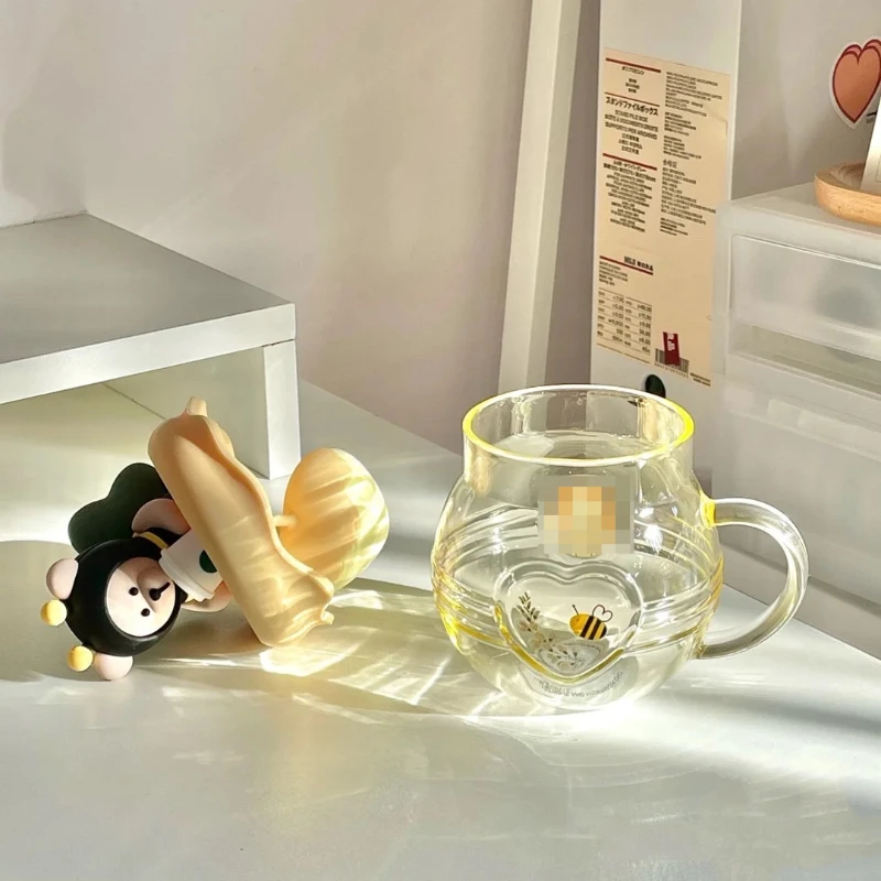 New Creative Cartoon Bee Tea Cup with Lid，Milk Glass with Handle, Coffee Cups,glass Mug,cup Set, Fall Mug ,cold Cups,kawaii Mug