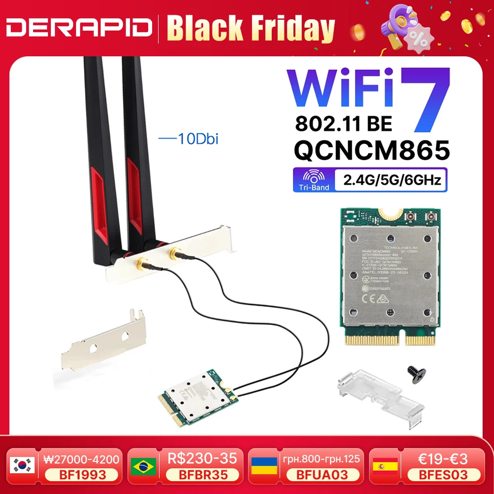 WiFi7 QCNCM865 Wireless 2.4Gbps Tri Band WiF Bluetooth 5.3 Wireless Wi-Fi 6E For 802.11BE M.2 NGFF Wlan WiFi Card Only For Win11