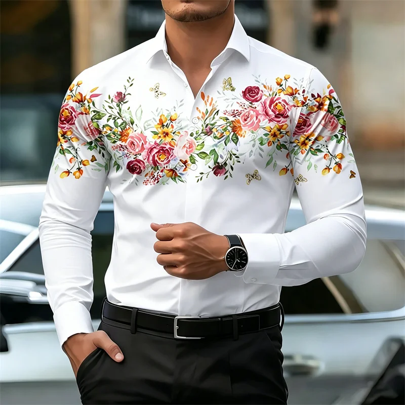 

2026 New Men's Long-Sleeve Shirt, High-Definition Floral Print White Slim Fit Shirt, European Size Business Casual Men's Top