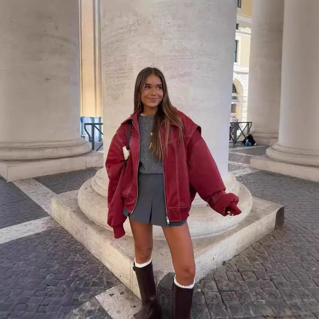 Trendy Vintage Leather Jackets Patchwork Autumn Winter Women Coat  Oversized Loose Jackets Streetwear Zippers Long Sleeve Tops