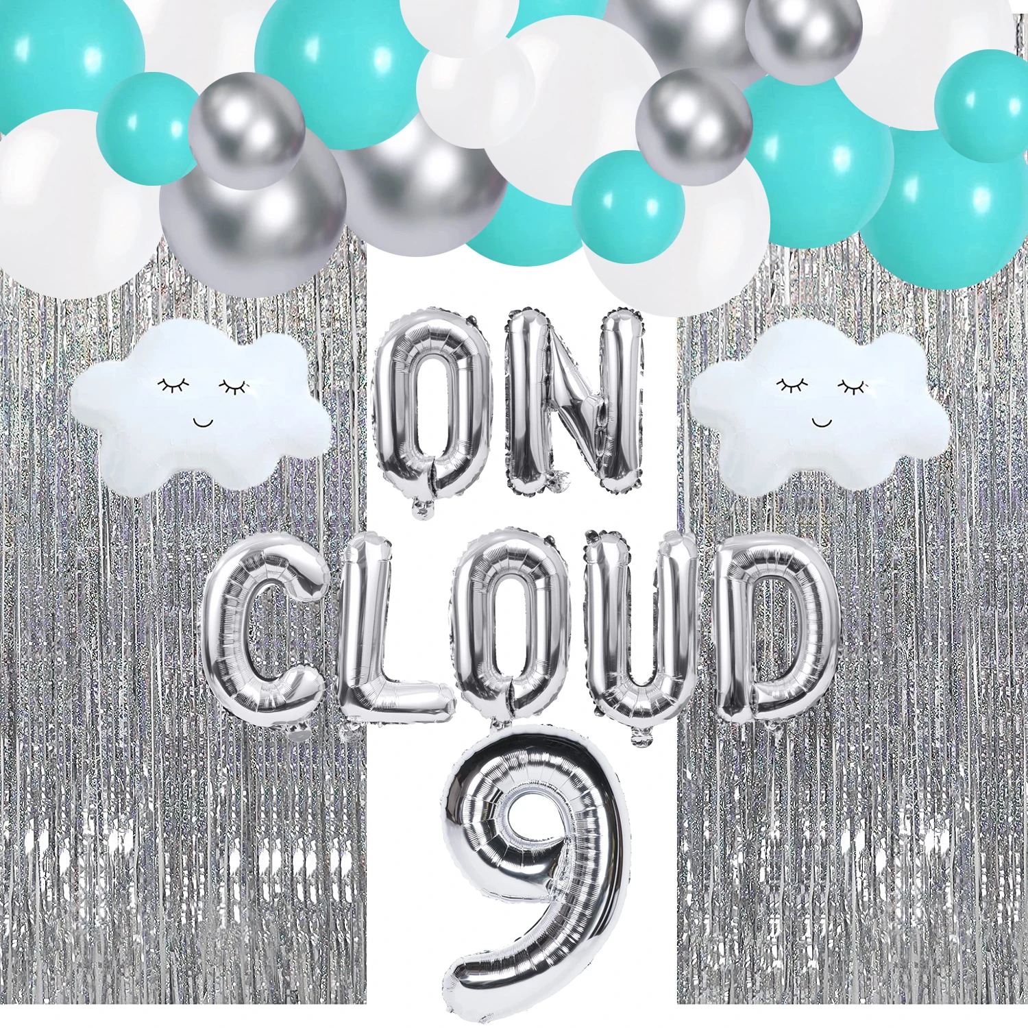 

9th Birthday Decorations on Cloud 9 Balloon Banner Cloud Foil Balloons Silver Curtain Background for Girls 9th Birthday Party