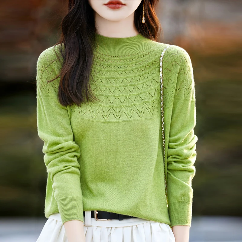 Women's Pullover Autumn New Worsted Wool Sweater Casual Hollow Knitwear Ladies' Tops Loose Half Turtle Collar Blouse