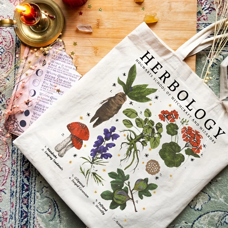 1Pc Herbology Plant Pattern Canvas Bag Shoulder Bag Botanical Travel Bag Plant Lover Bag Gardening Tote Bag Gift For Plant Lover