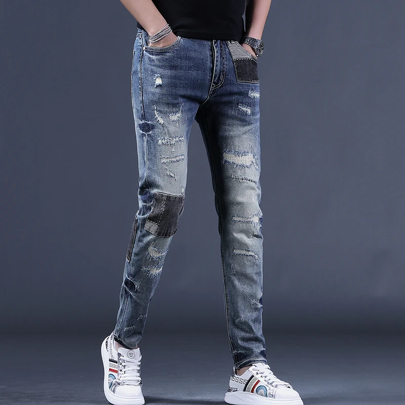 Summer Blue Ripped Patchwork Jeans Men Casual Slim Fit Straight Pants Streetwear Denim Trousers