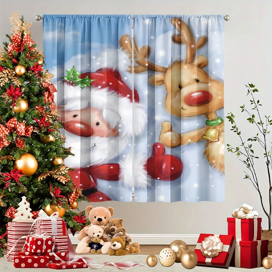 2PCS Christmas Winter Curtains, Cartoon Santa Reindeer Red Nose Snow Blue Cute, Digital Print, Bedroom Living Room, Home Decor