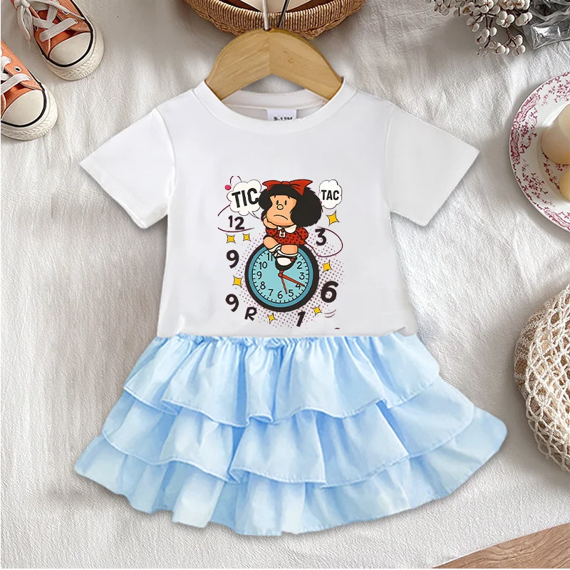 Mafalda T-shirt Shorts Pleated Skirt Set Summer Girls Clothes Cute Tees Cartoon Casual Outfit Tops Fashion Birthday Shirts Gifts