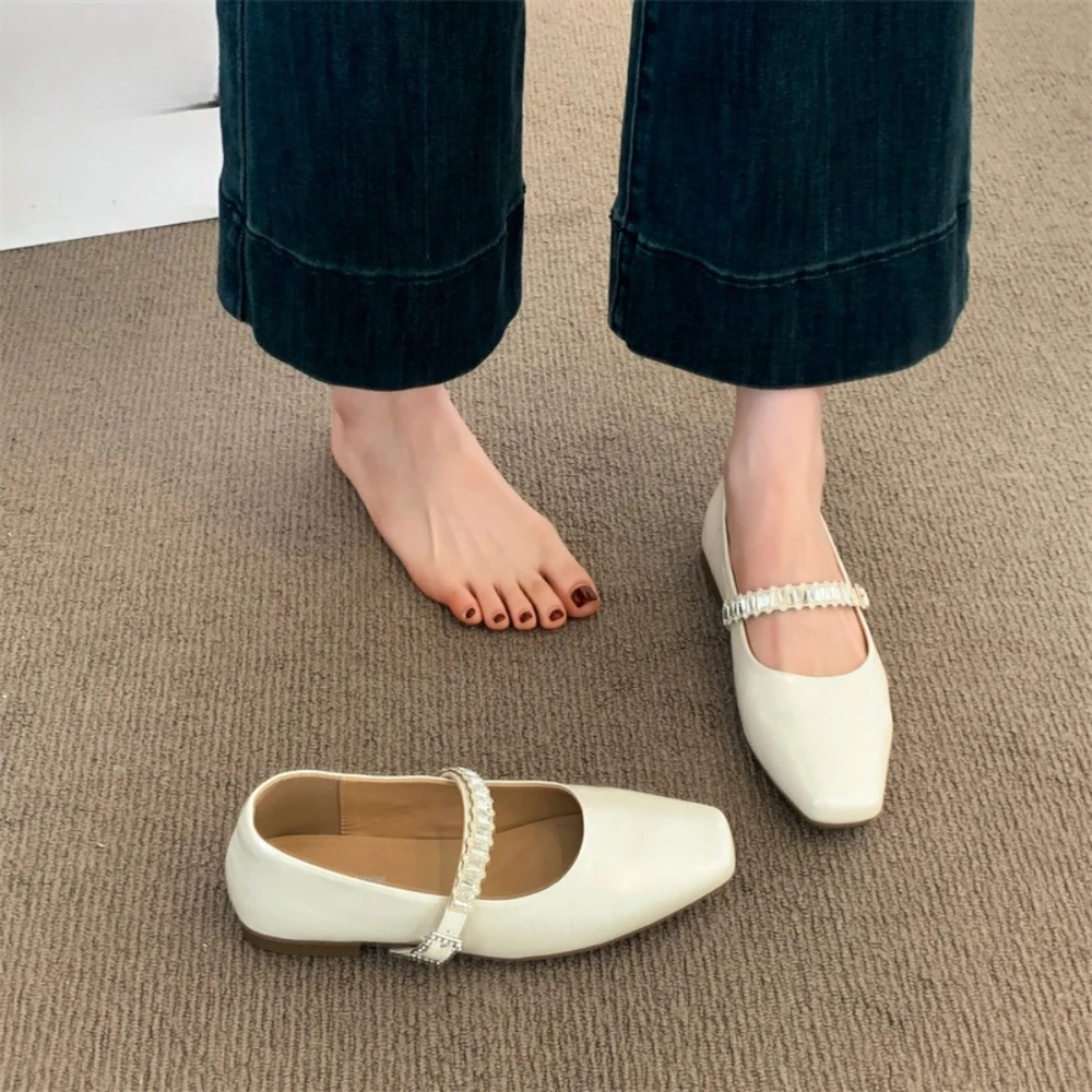 2026 New Pearls String Bead Design Women Ballet Flats Fashion Square Toe Breathable Shoes Comfortable Shallow Loafers