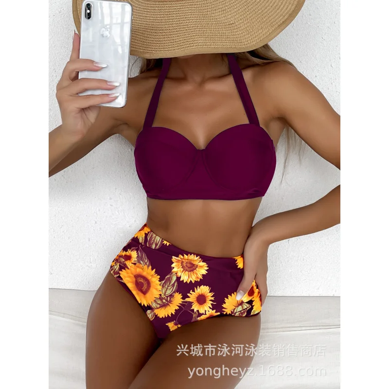 

New Bikini Swimsuit Women's Sexy Green Halter Neck Two-Piece High-Waist Printedbikini