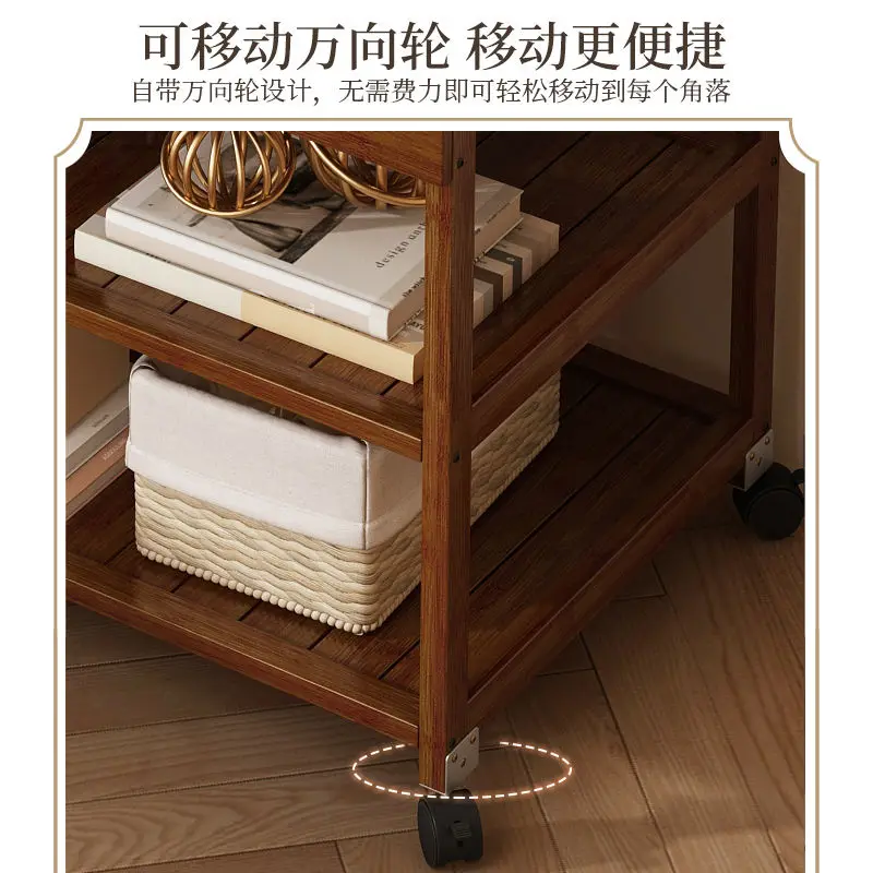 Removable Bamboo mobile coffee glass table bedside household simple storage Durable storage cabinet with wheels living room