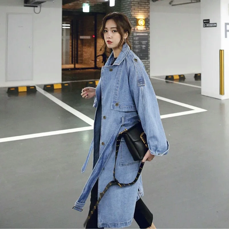 Trench Denim Coat Women Mid Length Coats Casual Turn Down Collar Full Sleeve Single Breasted Slim Fit Elegant Splice Autumn